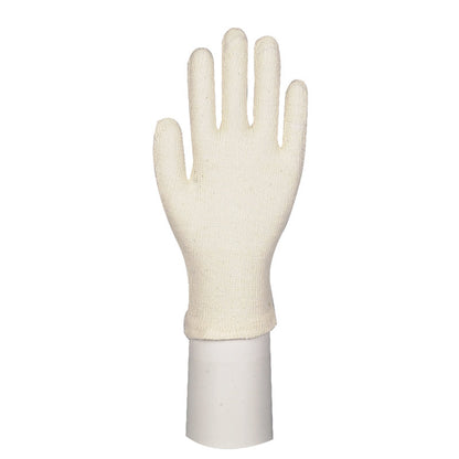 O singură mănușă crem din bumbac cu degete de la Abena Re-Seller GmbH stă în poziție verticală pe un suport cilindric alb în fața unui fundal simplu. Această mănușă simplă cu cinci degete este ideală pentru grădinărit sau protecția muncii.