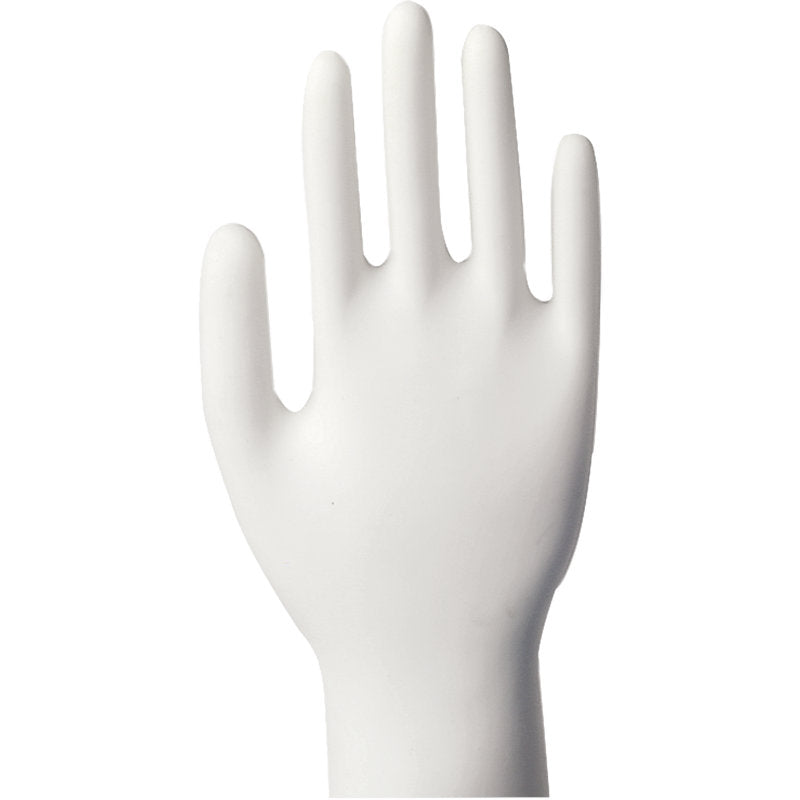 Eine weiße, aufrecht stehende Handprothese mit ausgestreckten Fingern zeigt die Vinyl-Handschuhe Classic, puderfrei und transparent der Abena Re-Seller GmbH - perfekt, um die Einweghandschuhe vor einem schlichten Hintergrund zu präsentieren.