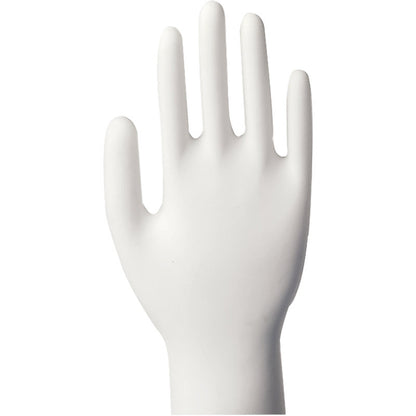 Eine weiße, aufrecht stehende Handprothese mit ausgestreckten Fingern zeigt die Vinyl-Handschuhe Classic, puderfrei und transparent der Abena Re-Seller GmbH - perfekt, um die Einweghandschuhe vor einem schlichten Hintergrund zu präsentieren.