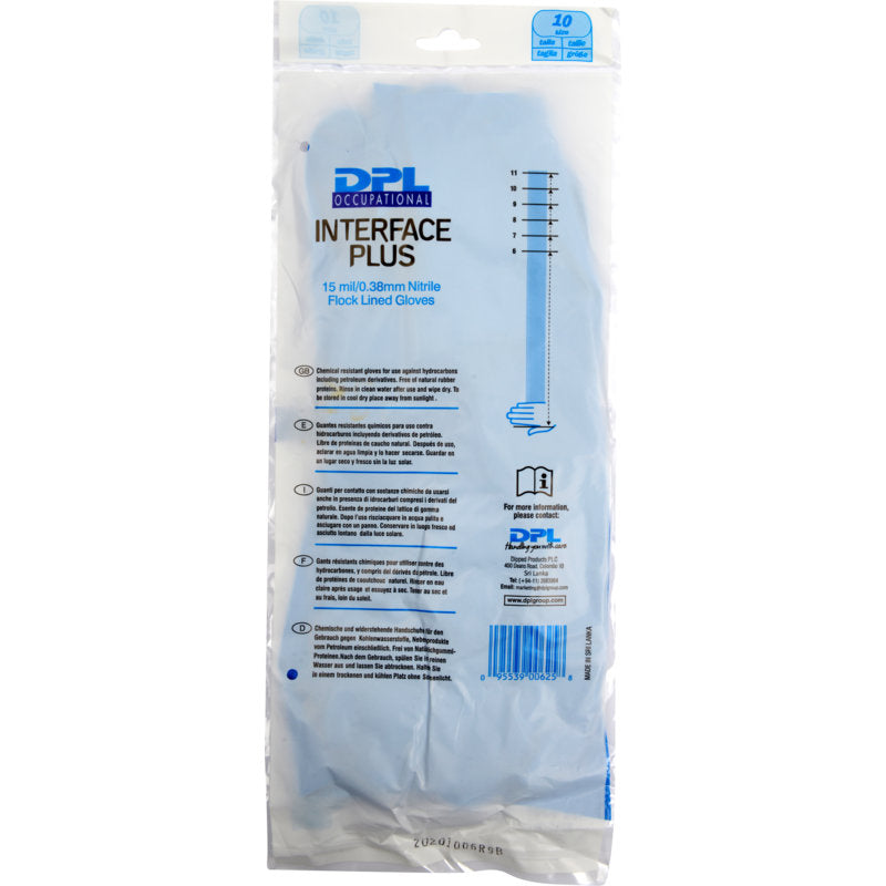 Un ambalaj din plastic transparent conține mănuși de uz casnic din nitril, albastru, de la Abena Re-Seller GmbH, mărimea 10, cu floc, cu informații despre produs și instrucțiuni pe partea frontală în scris albastru și negru.