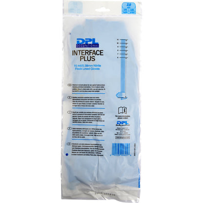 Un ambalaj din plastic transparent conține mănuși de uz casnic din nitril, albastru, de la Abena Re-Seller GmbH, mărimea 10, cu floc, cu informații despre produs și instrucțiuni pe partea frontală în scris albastru și negru.