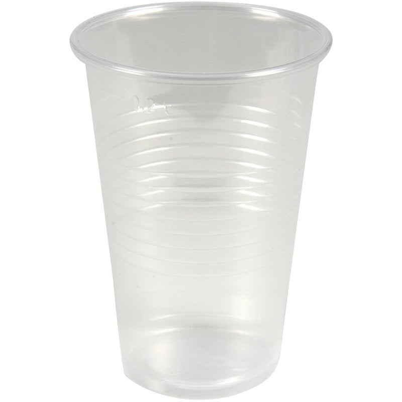 Un pahar de distribuție transparent, PP, 20 cl de la Abena Re-Seller GmbH stă vertical pe un fundal alb simplu. Paharul are un margine ușor evazat și caneluri orizontale în jurul corpului. Este livrat în pachete de 100 de bucăți.