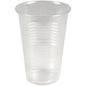 Un pahar de distribuție transparent, PP, 20 cl de la Abena Re-Seller GmbH stă vertical pe un fundal alb simplu. Paharul are un margine ușor evazat și caneluri orizontale în jurul corpului. Este livrat în pachete de 100 de bucăți.