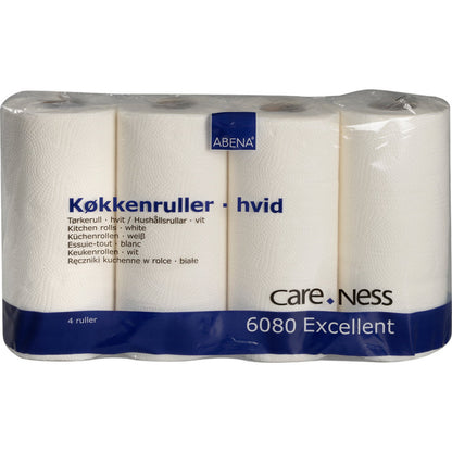 Un pachet cu 4 role de bucătărie albe, 2 straturi (22,5 cm x 17,85 m) de la Abena Re-Seller GmbH, ambalat în plastic transparent cu text multilingv - ideal pentru orice utilizare în bucătărie.