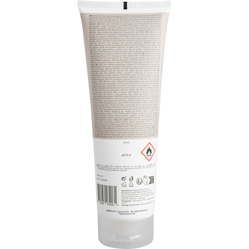 Vedere din spate a unui tub de 250 ml Abena Re-Seller GmbH Gel activ cu text scris mic, simboluri de inflamabilitate și reciclare, precum și informații despre produs pe o etichetă alb-bej.