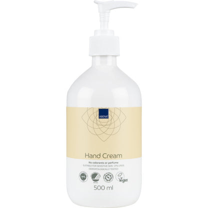 O sticlă cu pompiță de 500 ml de cremă de mâini de la Abena Re-Seller GmbH, conținut de grăsime de 21%, fără parfum. Testată dermatologic, vegană, potrivită pentru pielea sensibilă; nu conține coloranți și parfum. Etichetă bej.