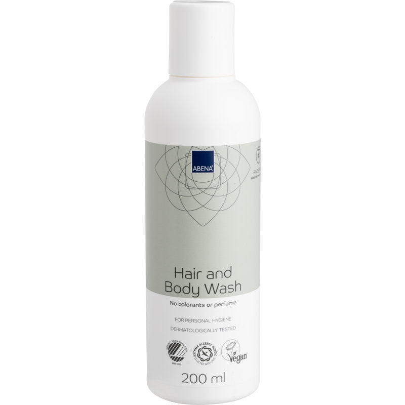 O sticlă albă și gri deschis de 200 ml de șampon pentru păr și corp Abena Re-Seller GmbH "Spălare fără apă" pentru îngrijirea corpului, vegan, testat dermatologic și fără coloranți și parfum. Disponibil în cutie cu 6 pachete.