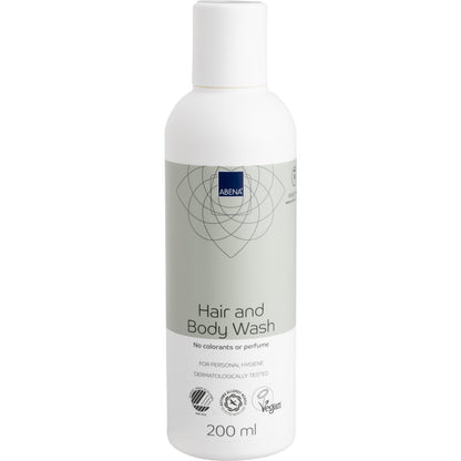 O sticlă albă și gri deschis de 200 ml de șampon pentru păr și corp Abena Re-Seller GmbH "Spălare fără apă" pentru îngrijirea corpului, vegan, testat dermatologic și fără coloranți și parfum. Disponibil în cutie cu 6 pachete.