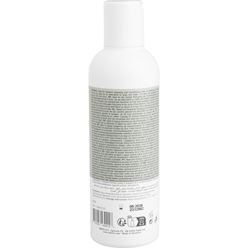 Sticlă de plastic albă cu capac alb, văzută din spate. Eticheta conține informații și instrucțiuni despre șamponul pentru păr și corp Abena Re-Seller GmbH "Spălare fără apă", 200 ml | Cutie (6 pachete), precum și simboluri de reciclare și coduri de bare.