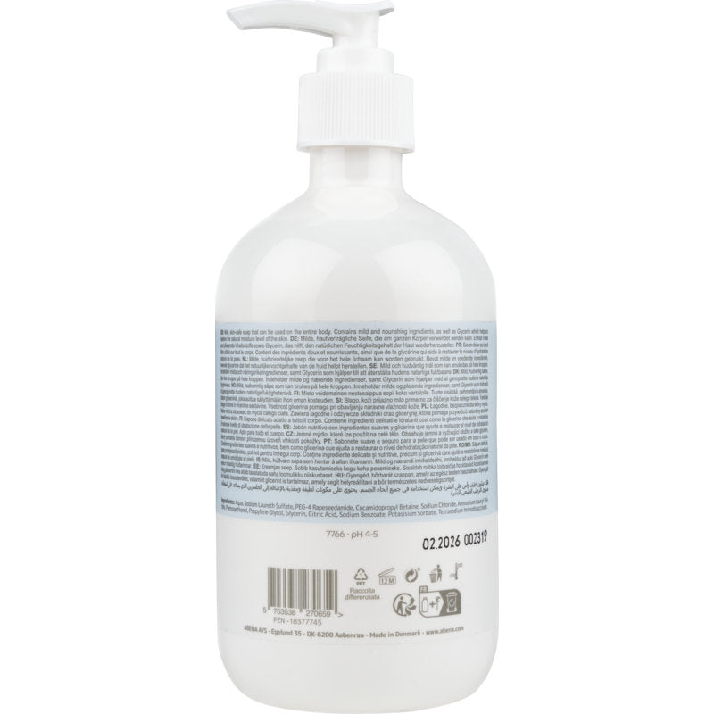 O sticlă de plastic transparentă cu pompă albă, inscripționată "Săpun cremă delicat fără parfum" de la Abena Re-Seller GmbH, este prevăzută cu o etichetă mare albastru-alb și informații multilingve despre produs pe partea din spate.