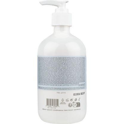 O sticlă de plastic transparentă cu pompă albă, inscripționată "Săpun cremă delicat fără parfum" de la Abena Re-Seller GmbH, este prevăzută cu o etichetă mare albastru-alb și informații multilingve despre produs pe partea din spate.