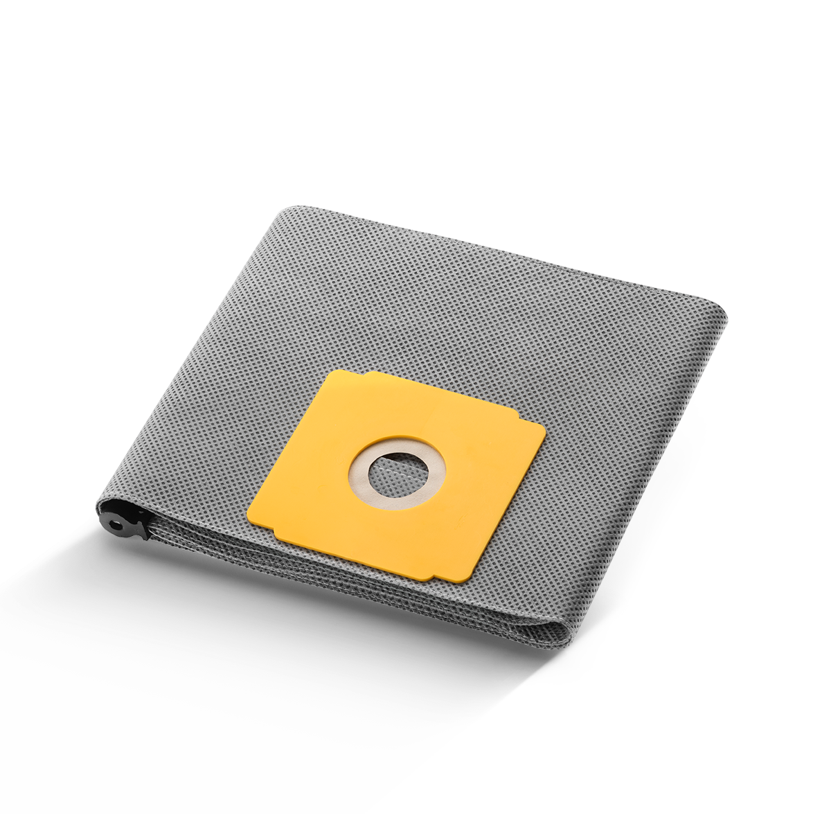 Ein Arcora Pro1Plus Dauerstofffilter Wiederverwendbar von Arcora International GmbH, grau mit gelbem Kunststoffanschluss, ist gefaltet auf einem einfarbig weißen Hintergrund abgebildet.