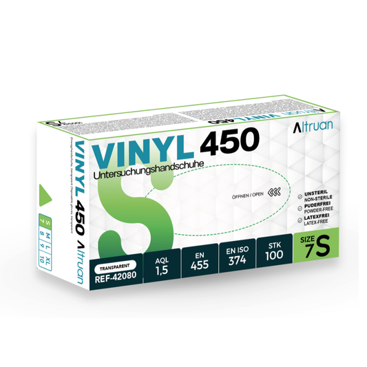 Eine Schachtel Altruan Vinyl 450 Einmalhandschuhe, transparent, Größe 7S, enthält 100 latex- und puderfreie Einweghandschuhe. Entspricht den Normen EN 455 und ISO 374. Marke: Altruan.