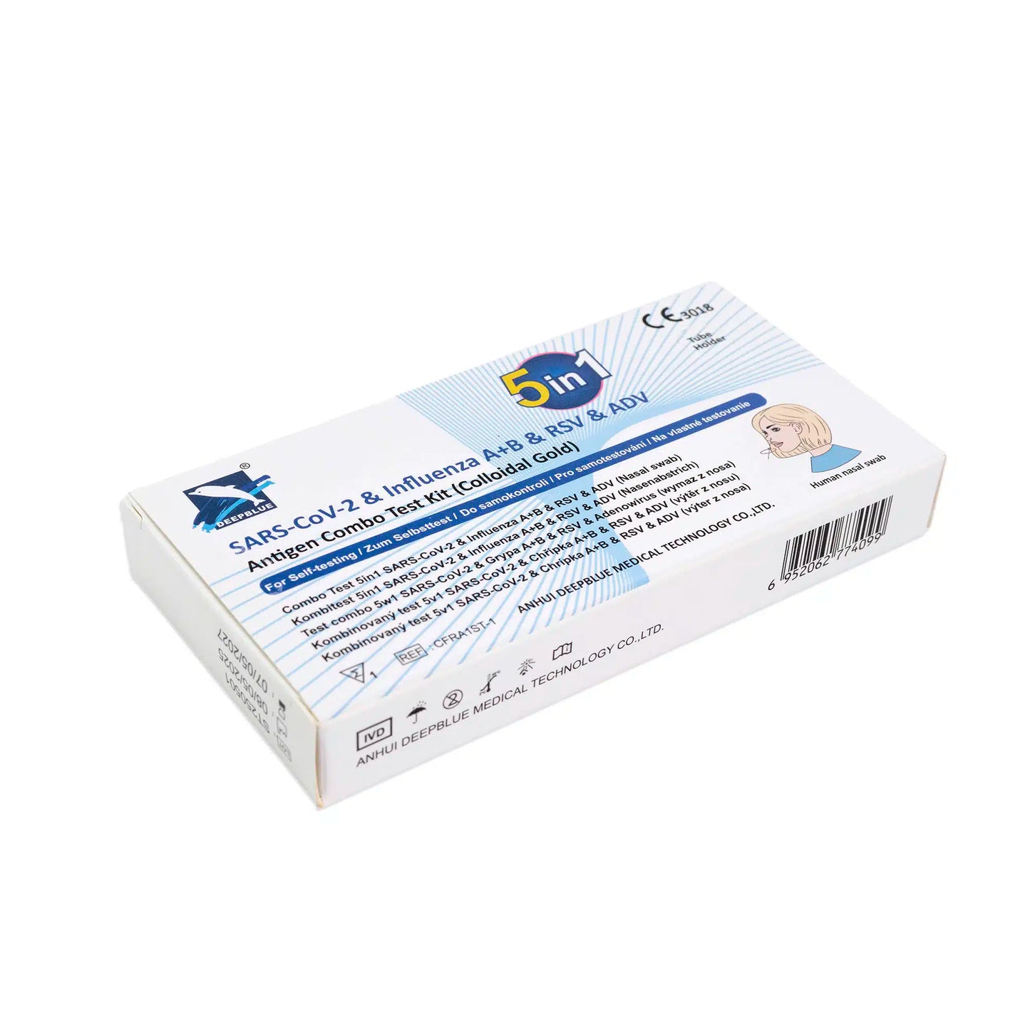 Testul rapid antigen Altruan DeepBlue Combo 5in1 (SARS-CoV-2, Influenza A+B, RSV & Adenovirus) este livrat într-un ambalaj dreptunghiular albastru-alb cu instrucțiuni și detalii despre produs. Pachetul conține 1 bucată.