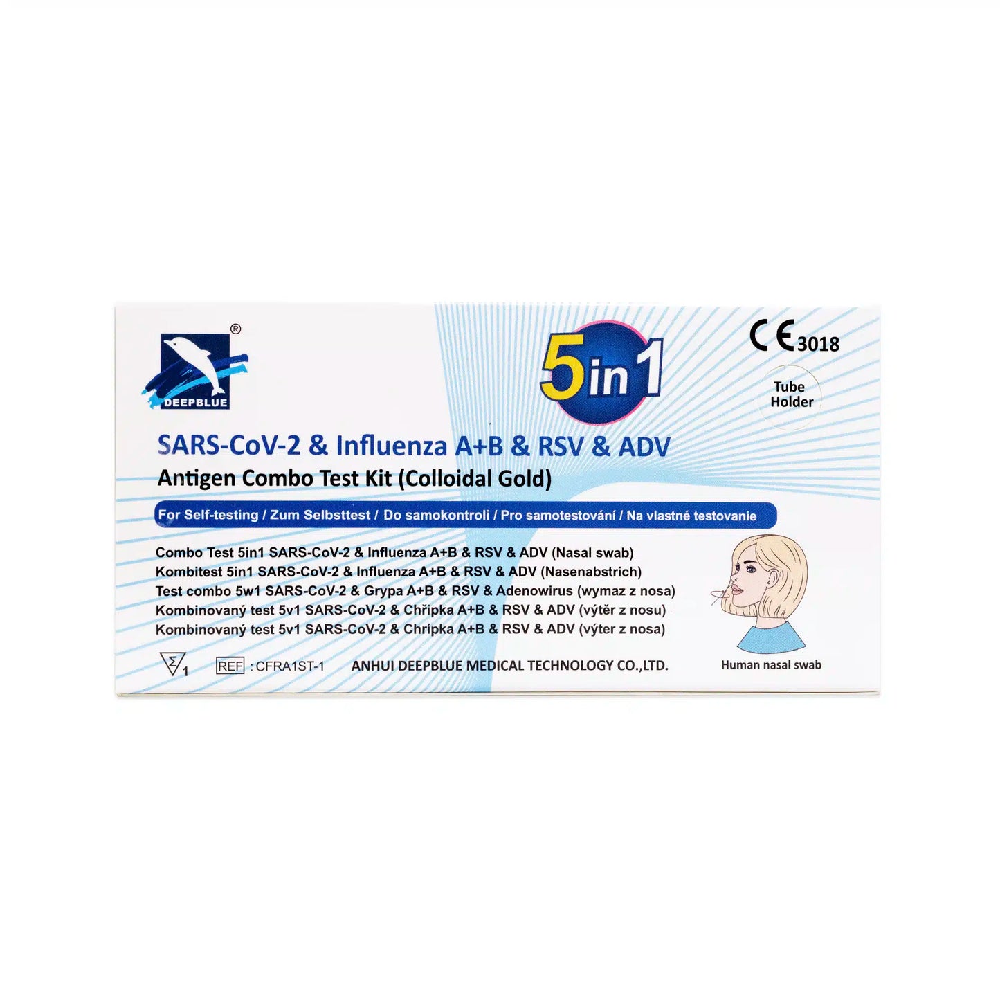 O cutie albă cu inscripția "DeepBlue Combo 5in1 - Test rapid antigen - SARS-CoV-2, Influenza A+B, RSV & Adenovirus | Altruan" oferă un autotest practic pentru exudat nazal (1 bucată) pentru mai multe virusuri. Textul albastru și logo-urile completează designul.