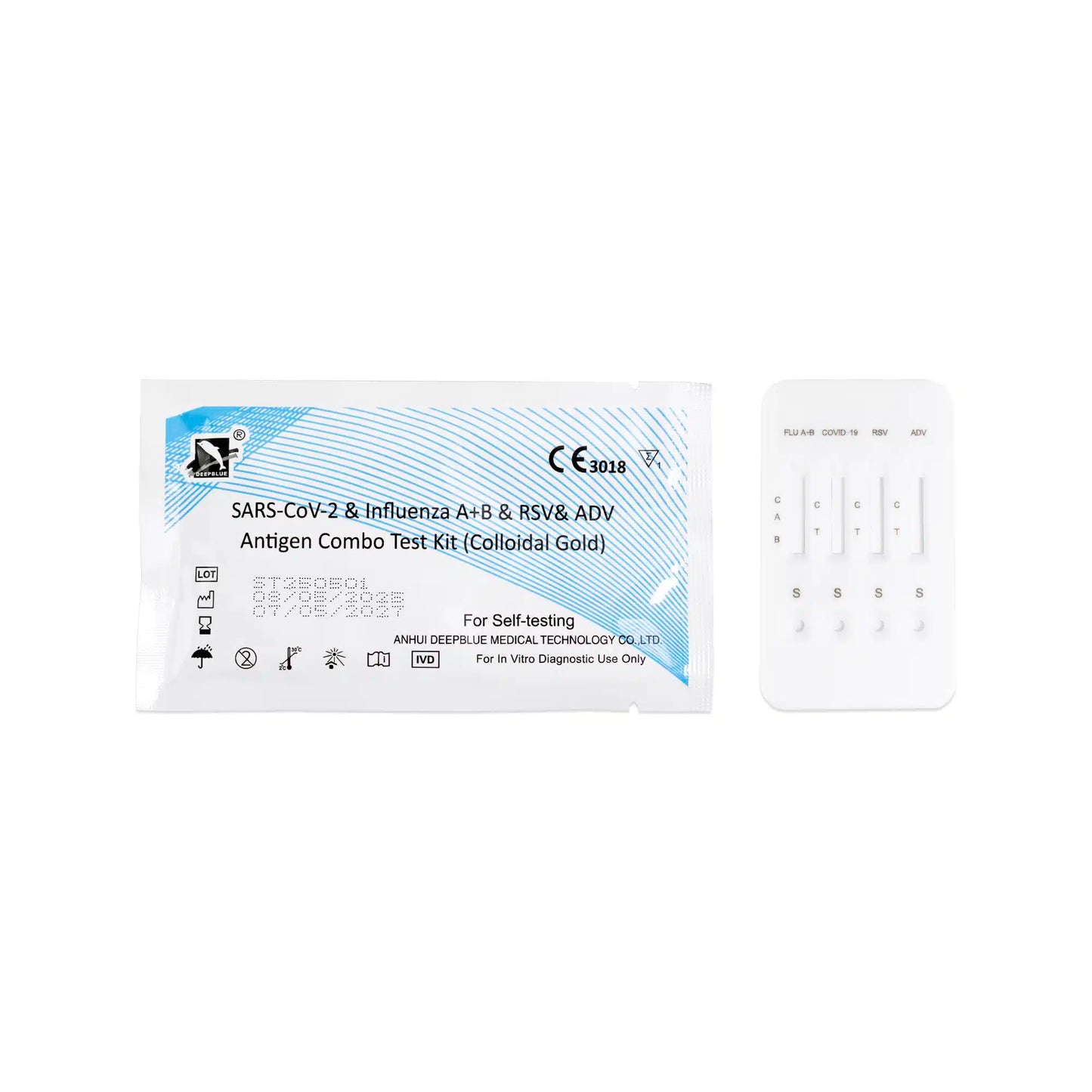 Un test rapid antigen DeepBlue Combo 5in1 de la Altruan pentru SARS-CoV-2, Influenza A+B, RSV & Adenovirus (pachet 1 bucată) și caseta sa de testare albă sunt prezentate pe un fundal alb.
