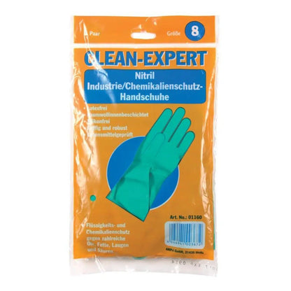 Un pachet de mănuși chimice din nitril „Clean-Expert” de la AMPri Handelsgesellschaft mbH, mărimea 8. Ambalajul portocaliu-translucid arată o imagine a mănușilor verzi din interior. Aceste mănuși industriale sunt fără latex, flocate și testate pentru etanșeitate, ceea ce le face ideale pentru protecția împotriva substanțelor chimice.