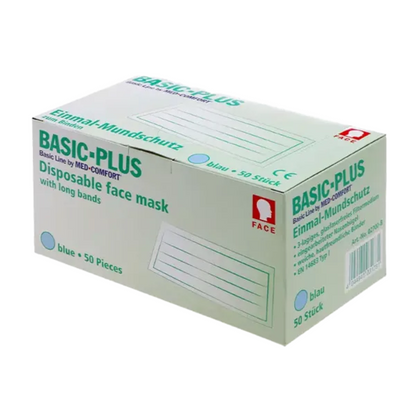 O cutie albă „AMPri BASIC-PLUS OP Maske 3-lg. Typ II pentru legat“ de la AMPri Handelsgesellschaft mbH, care conține 50 de bucăți cu benzi lungi. Cutia conține text în engleză și germană și pe lateral o imagine a unei măști faciale albastre.