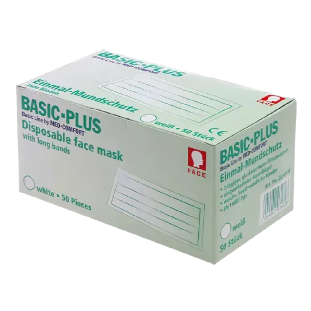 Un carton alb cu inscripția „AMPri BASIC-PLUS OP Maske 3-lg. Typ II pentru legat“ cu scris verde de la AMPri Handelsgesellschaft mbH. Cutia conține 50 de măști de protecție medicale de unică folosință albe cu benzi lungi. Informațiile despre produs sunt afișate atât în engleză, cât și în germană, inclusiv textele „Protecție facială de unică folosință“ și „50 de bucăți“.
