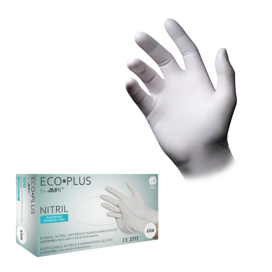 Ein Bild eines weißen AMPri ECO-PLUS Nitrilhandschuhs zum Einmalgebrauch auf einer Hand. Unter dem Handschuh befindet sich eine Eco-Plus-Verpackung mit einem Text, in dem steht, dass die Handschuhe puderfrei, latexfrei und hygienisch für die Untersuchung sind. Die Schachtel enthält Markendetails der AMPri Handelsgesellschaft mbH, eine CE-Zertifizierung und Größeninformationen.