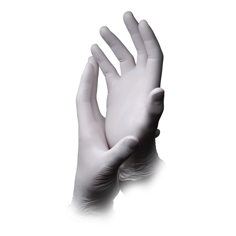 Vor einem weißen Hintergrund ist ein Paar Hände mit AMPri ECO-PLUS Nitrilhandschuhen puderfrei, Weiß der AMPri Handelsgesellschaft mbH abgebildet. Die Hände, die die puderfreien weißen Nitrilhandschuhe tragen, sind mit leicht gespreizten Fingern positioniert, und die linke Hand ruht locker auf dem Handgelenk der rechten Hand.