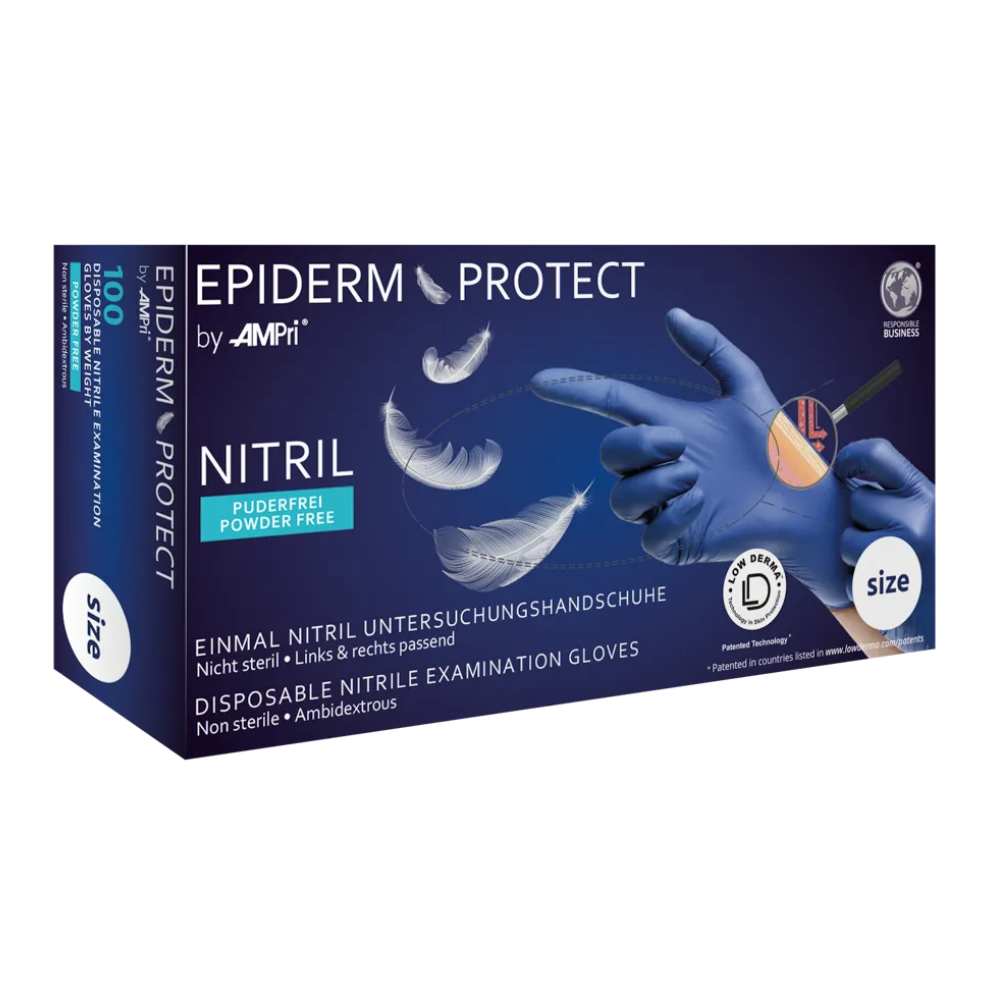 O cutie de mănuși de nitril AMPri Epiderm Protect de la MED-COMFORT fără pudră, albastru metalic. Cutia albastru metalic arată imaginea unei mâini care poartă o mănușă albastră și ține o pană. Etichetele indică faptul că mănușile sunt nesterile, fără pudră și ambidextre, iar mărimea este specificată. Cutia conține 100 de bucăți și este produsă de AMPri Handelsgesellschaft mbH.