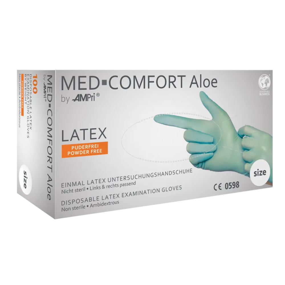Imaginea arată o cutie de mănuși AMPri MED-COMFORT Aloe Latex fără pudră, verde mentă de la AMPri Handelsgesellschaft mbH. Aceste mănuși de examinare de unică folosință din latex sunt nesterile, fără pudră și potrivite pentru ambele mâini. Cutia arată o imagine cu mâini mănușate și indică faptul că sunt potrivite pentru o singură utilizare. Cutia conține 100 de mănuși.