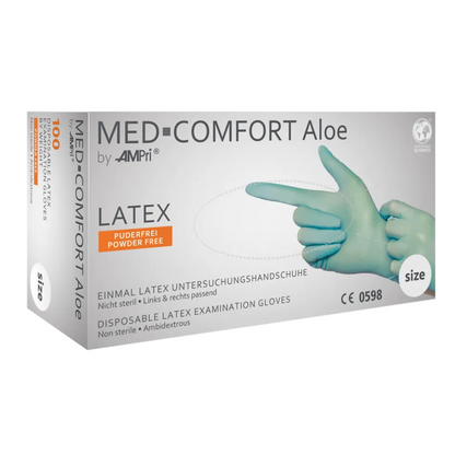 Imaginea arată o cutie de mănuși AMPri MED-COMFORT Aloe Latex fără pudră, verde mentă de la AMPri Handelsgesellschaft mbH. Aceste mănuși de examinare de unică folosință din latex sunt nesterile, fără pudră și potrivite pentru ambele mâini. Cutia arată o imagine cu mâini mănușate și indică faptul că sunt potrivite pentru o singură utilizare. Cutia conține 100 de mănuși.