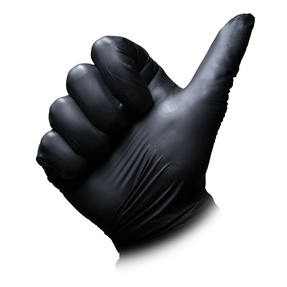 Eine Hand, die einen AMPri MED-COMFORT BLACK Vitrilhandschuh, puderfrei, Schwarz der AMPri Handelsgesellschaft mbH trägt, zeigt vor einem weißen Hintergrund einen Daumen nach oben.