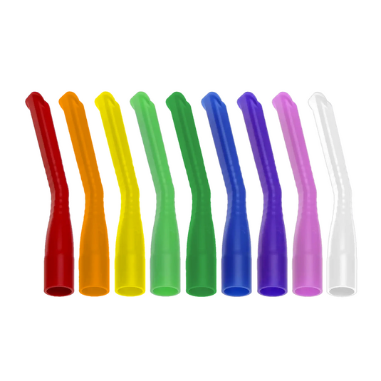 Un set cu zece vârfuri strălucitoare AMPri MED-COMFORT pentru canule dentare de aspirație, oferit de AMPri Handelsgesellschaft mbH, este disponibil în diferite culori, inclusiv roșu, portocaliu, galben, verde, verde deschis, albastru, albastru închis, roz și alb. Fiecare vârf sterilizat și reutilizabil are un design ușor curbat cu o bază cilindrică. Cu culorile sale atrăgătoare, este ideal pentru îngrijirea dentară a copiilor.