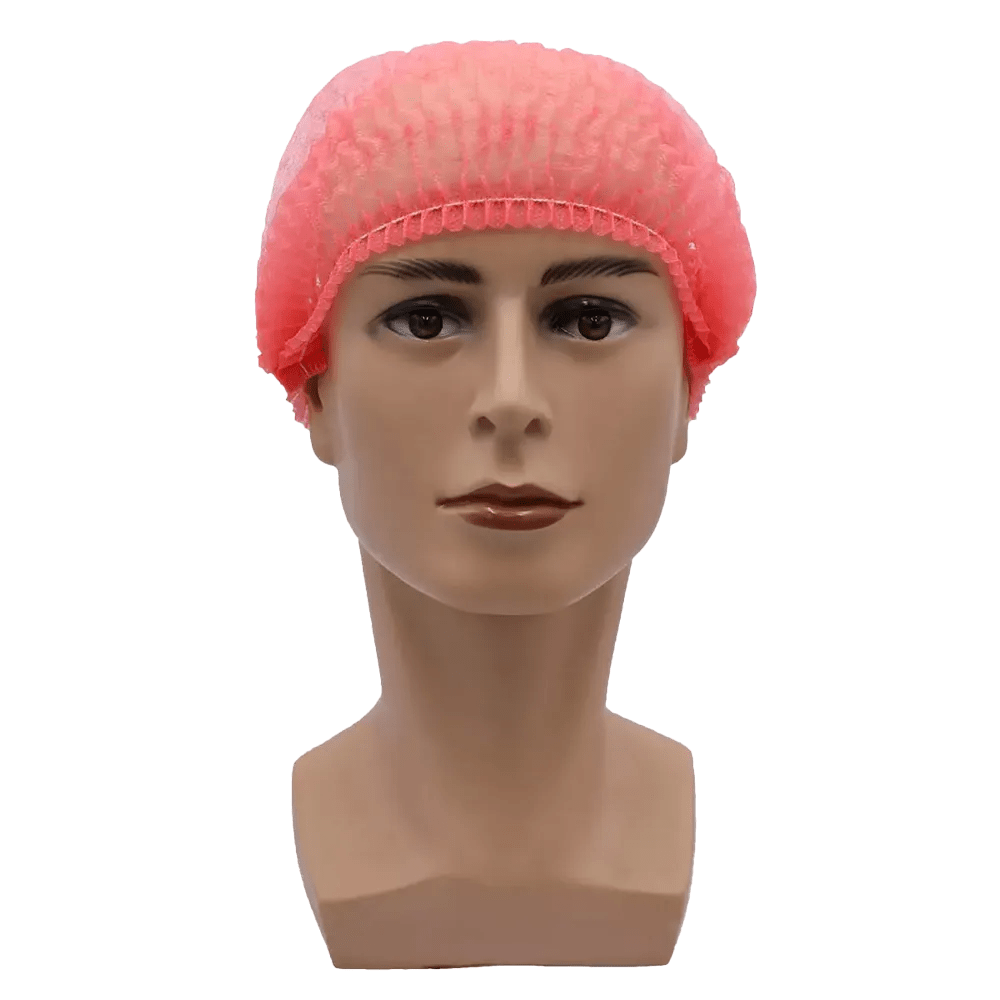 Un cap de manechin cu o plasă roz AMPri MED-COMFORT Klipphaube 52 cm de la AMPri Handelsgesellschaft mbH arată o expresie facială neutră. Plasa confecționată din polipropilenă oferă protecție igienică cu o fixare elastică sigură pe un fundal simplu alb.