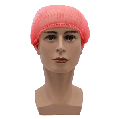 Un cap de manechin cu o plasă roz AMPri MED-COMFORT Klipphaube 52 cm de la AMPri Handelsgesellschaft mbH arată o expresie facială neutră. Plasa confecționată din polipropilenă oferă protecție igienică cu o fixare elastică sigură pe un fundal simplu alb.