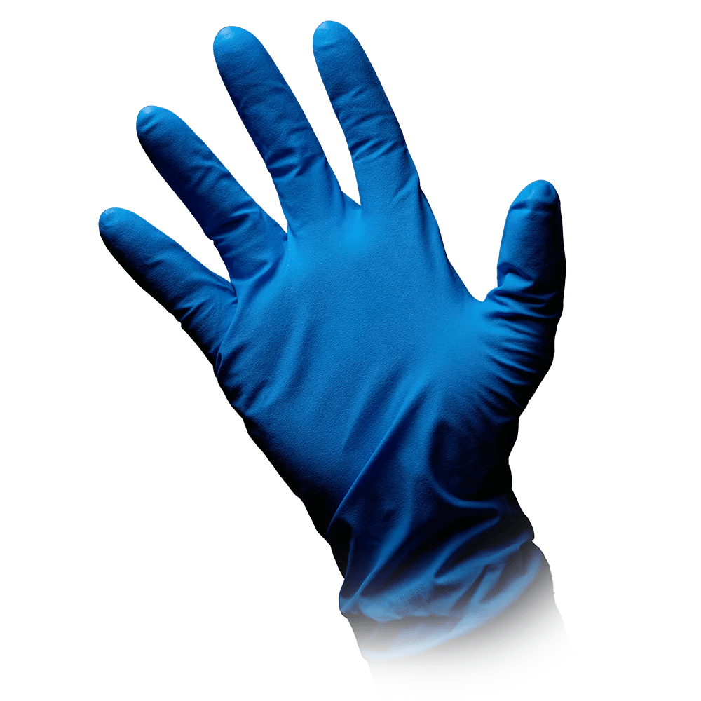 Mănușa de protecție chimică din nitril AMPri SolidSafety High Risk Pro de la AMPri Handelsgesellschaft mbH este arătată pe un fundal alb cu degetele întinse. Mănușa arată proaspăt și impecabil, evidențiind textura și elasticitatea sa, perfecte pentru o manipulare sigură.