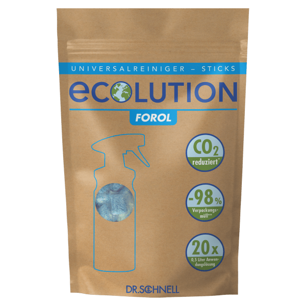 Punga maro cu inscripția "Dr. Schnell ECOLUTION FOROL STICKS" de la DR.SCHNELL GmbH & Co. KGaA conține 60g de bețișoare de curățare universală sub formă de pulbere, care permit o curățare ecologică cu reducerea CO₂ și economisirea materialelor de ambalare.