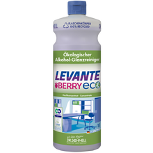 Ein 1-Liter Dr. Schnell Levante Berry ECO von DR.SCHNELL GmbH & Co. KGaA ist mit einem grünen Verschluss, einem Etikett aus recyceltem Kunststoff, Beerenduft und Abbildungen aus Büro und Küche auf der Vorderseite versehen.