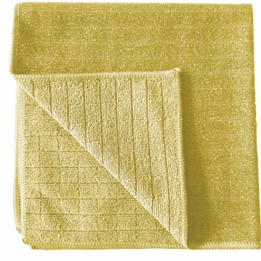 O lavetă galbenă din microfibră Arcora Scrub & Clean 2N1 (40x40 cm) de la Arcora International GmbH, cu suprafață texturată și colț pliat, perfectă ca lavetă de curățare pentru toate suprafețele.