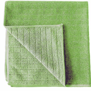 O lavetă verde din microfibră Arcora Scrub & Clean 2N1 (40 x 40 cm) de la Arcora International GmbH, pliată, își arată modelul de grilă texturat și colțul pliat, ideală ca lavetă de curățare pentru toate suprafețele.