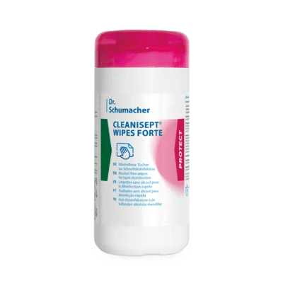 Un recipient alb Dr. Schumacher Cleanisept® Wipes Forte cu capac roz, care conține 100 de șervețele dezinfectante pentru suprafețe, afișează textul etichetei în engleză și germană. Marcă: Dr. Schumacher GmbH.