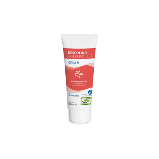 Die 100-ml-Tube Dr. Schumacher Descolind Expert Protect Cream Hautschutzcreme der Dr. Schumacher GmbH steht aufrecht auf weißem Grund mit rot-weißem Etikett - perfekt für den Handschutz bei allergiegefährdeter Haut.