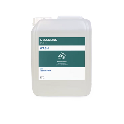 Un recipient de 5 litri de Dr. Schumacher Descolind Pure Wash Waschlotion de la Dr. Schumacher GmbH din plastic transparent cu o etichetă teal-albă, pe care este ilustrată o pictogramă cu mâini spălate; această loțiune de spălat este fără parfum.