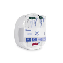 Eine Packung Dr. Schumacher GmbH Eco Wipes Vliestücher zur Flächendesinfektion, mit einzeln verpackten Tüchern in einem transparenten, abgerundeten Kunststoffbehälter, beschriftet mit Produktinformationen und Anwendungshinweisen.