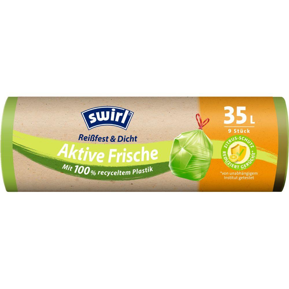 Swirl Pungi de gunoi Active Fresh 35 l de la Melitta Europa, rolă cu 9 pungi. 100% plastic reciclat, rezistente la rupere și etanșe, control inovator al mirosului cu sistem citric pentru protecția prospețimii.