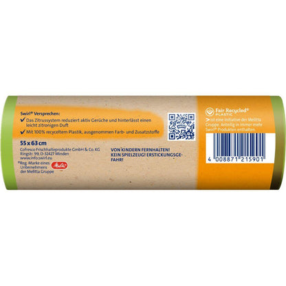 Eticheta unui Swirl pungă de gunoi Active Fresh de 35l de la Melitta Europa GmbH & Co. KG conține informații despre reciclare, avertismente, detalii despre companie, un cod de bare și text german pe un fundal maro cu accente verzi, albe, negre și portocalii.