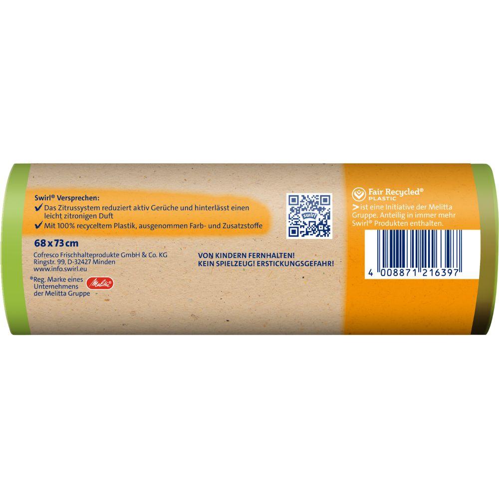 Imaginea arată ambalajul sacului de gunoi Swirl Activ Fresh 60 l rezistent la rupere și etanș (8 saci) de la Melitta Europa GmbH & Co. KG cu informații despre produs, cod de bare, avertismente de siguranță și afirmația „100% plastic reciclat” pe o etichetă maro cu accente verzi.