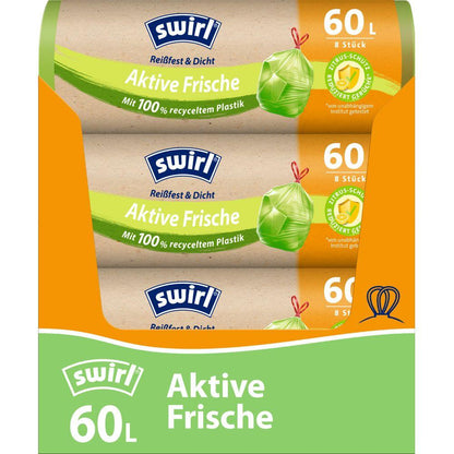 Swirl saci de gunoi Activ Fresh 60 l de la Melitta Europa GmbH & Co. KG: 8 saci rezistenți la rupere și etanși din plastic 100% reciclat cu sistem de citrice pentru prospețime, verde-portocaliu, detalii despre produs în engleză.