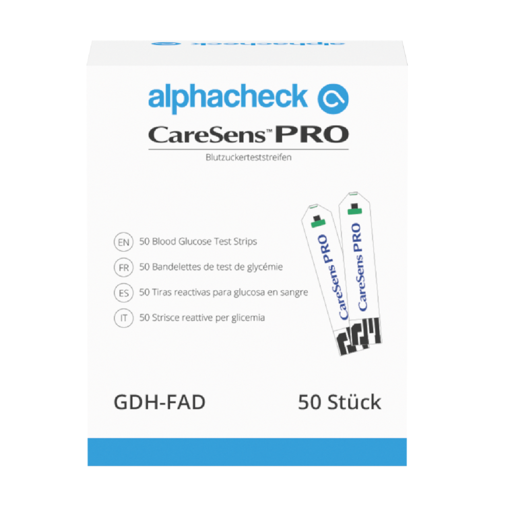 Imaginea unei cutii cu benzi de testare a glicemiei Alphacheck CareSens PRO de la Berger Med GmbH | Pachet (50 bucăți). Cutia predominant albă este prevăzută cu text albastru și verde care indică faptul că conține 50 de benzi de testare a glicemiei. Instrucțiunile în mai multe limbi asigură un control convenabil al glicemiei.
