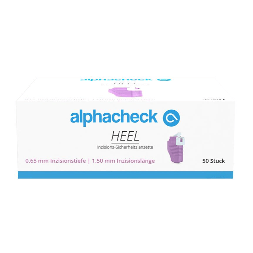 O cutie de lancete de siguranță pentru incizie Alphacheck HEEL, de diferite dimensiuni de la Berger Med GmbH, este destinată recoltării capilare a sângelui. Cutia, predominant albă, are un text albastru și violet cu o mică imagine a unei lancete pe partea dreaptă și indică o adâncime de incizie de 0,65 mm și o lungime de incizie de 1,50 mm. Conține 50 de bucăți.