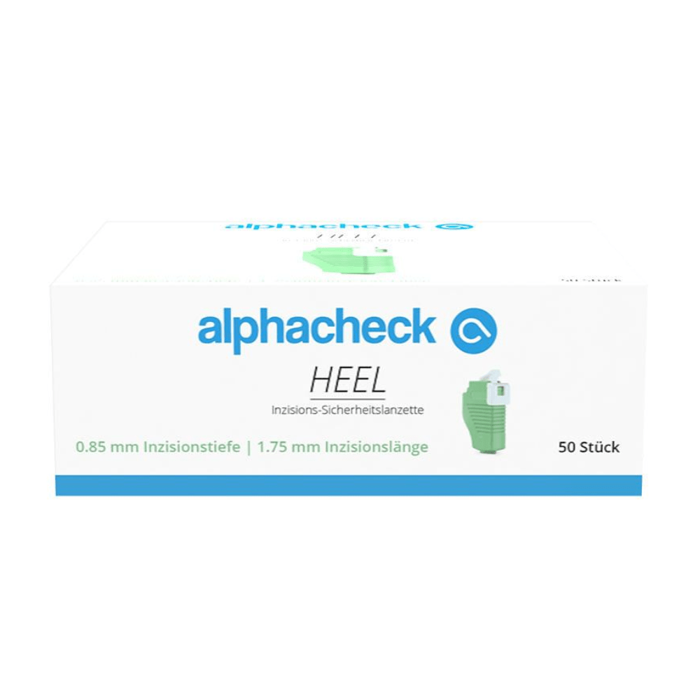 O cutie albă cu numele de marcă „Berger Med GmbH” în scris verde și albastru. Produsul Alphacheck HEEL lancete de siguranță pentru incizie, de diferite dimensiuni, este denumit „Lancetă de siguranță pentru incizie” cu specificațiile de 0,85 mm adâncime de incizie și 1,75 mm lungime de incizie pentru recoltarea capilară a sângelui. Cutia conține 50 de bucăți.