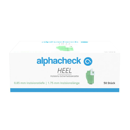 O cutie albă cu numele de marcă „Berger Med GmbH” în scris verde și albastru. Produsul Alphacheck HEEL lancete de siguranță pentru incizie, de diferite dimensiuni, este denumit „Lancetă de siguranță pentru incizie” cu specificațiile de 0,85 mm adâncime de incizie și 1,75 mm lungime de incizie pentru recoltarea capilară a sângelui. Cutia conține 50 de bucăți.