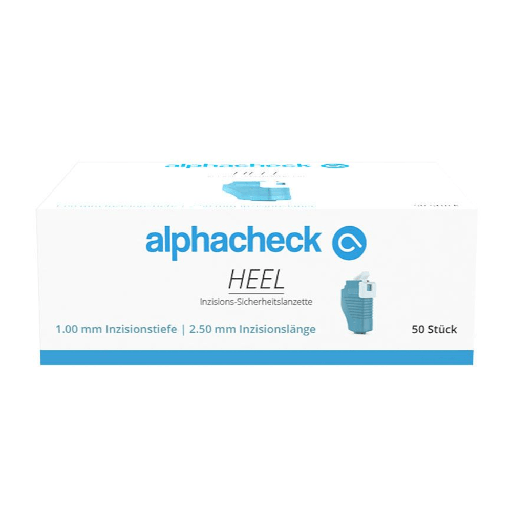 O cutie de lancete de siguranță pentru incizie Alphacheck HEEL, de diferite dimensiuni de la Berger Med GmbH, este destinată recoltării capilare a sângelui. Cutia albă cu text albastru arată imaginea unei lancete și indică în colțul din dreapta jos „1,00 mm adâncime tăiere” și „2,50 mm lungime tăiere” precum și „50 de bucăți”. Textul este în germană.